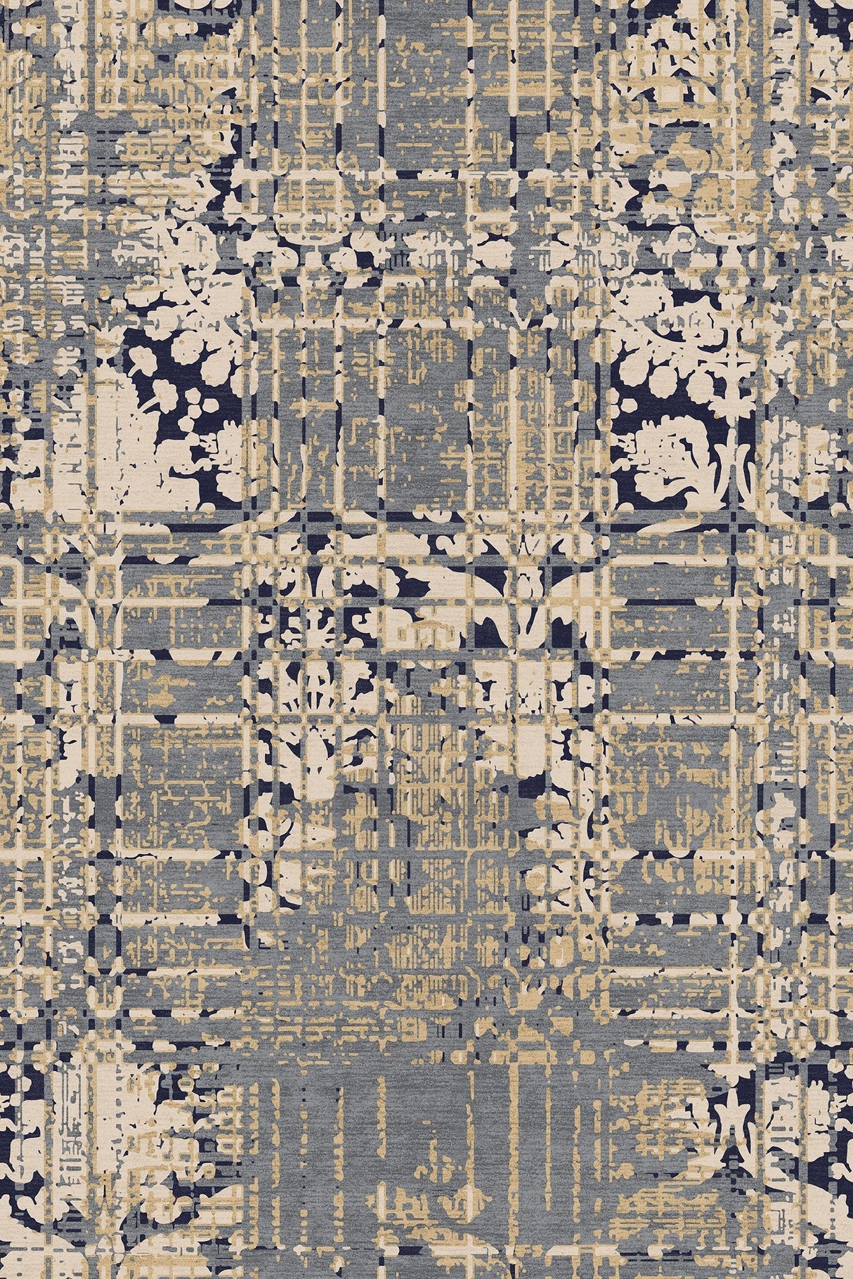 Alfombra de diseño abstracto sobre un fondo blanco, destacando su sofisticada paleta de colores en beige, azul y gris. Perfecta para añadir un toque moderno y artístico a cualquier habitación, esta alfombra es también lavable en lavadora.