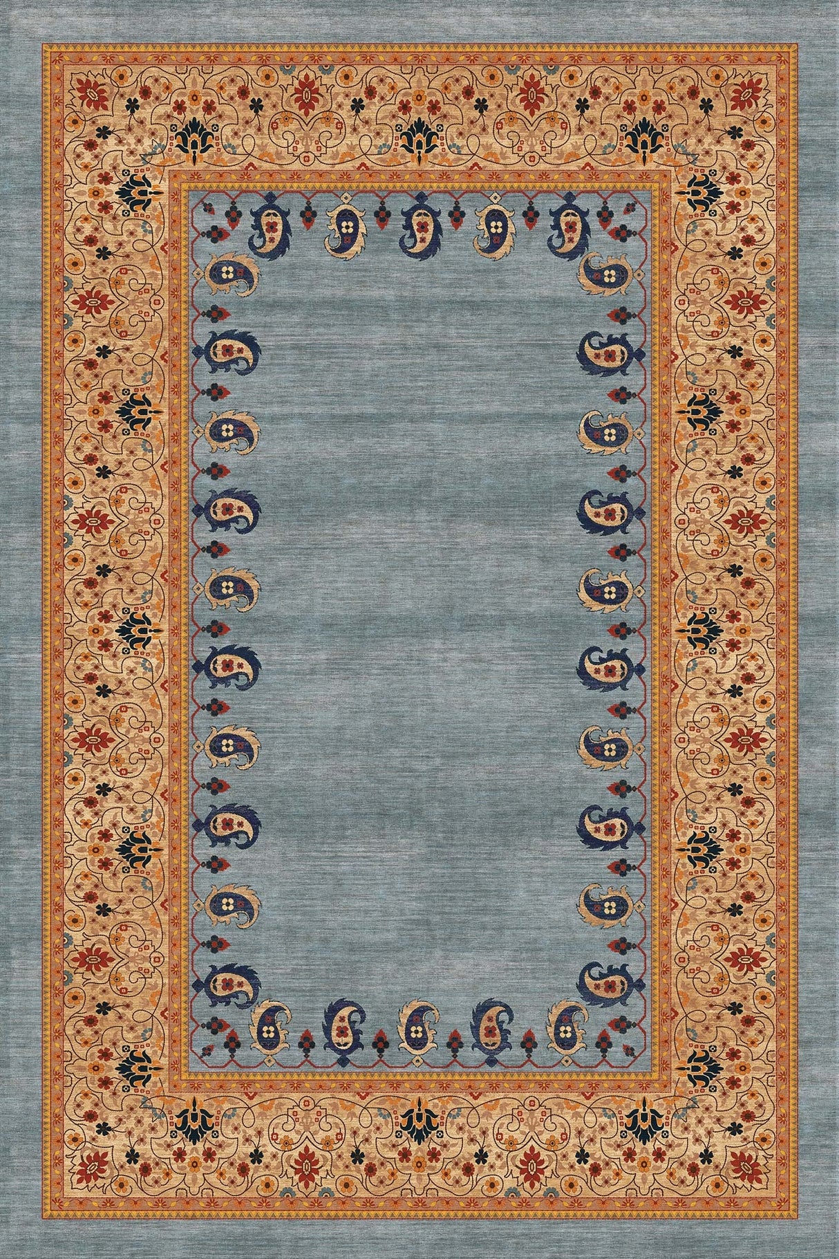 Alfombra exclusiva 'Cachemir' sobre un fondo blanco, mostrando su diseño ornamentado con patrones florales y de cachemira en tonos de naranja, beige y azul sobre un fondo gris. Ideal para añadir distinción y calidez a cualquier espacio. Lavable en lavadora, base antideslizante, sin pelusas e hipoalergénica.