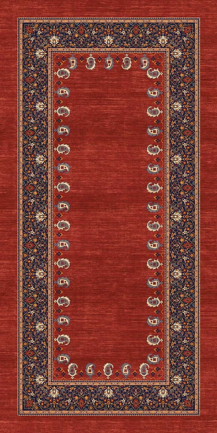 Alfombra persa 'Cachemir' sobre un fondo blanco, mostrando su vibrante tono rojo con detalles en azul marino, crema y naranja. El diseño intrincado y los motivos florales reflejan elegancia y lujo, ideal para añadir sofisticación a cualquier espacio. Lavable en lavadora, base antideslizante, sin pelusas e hipoalergénica.