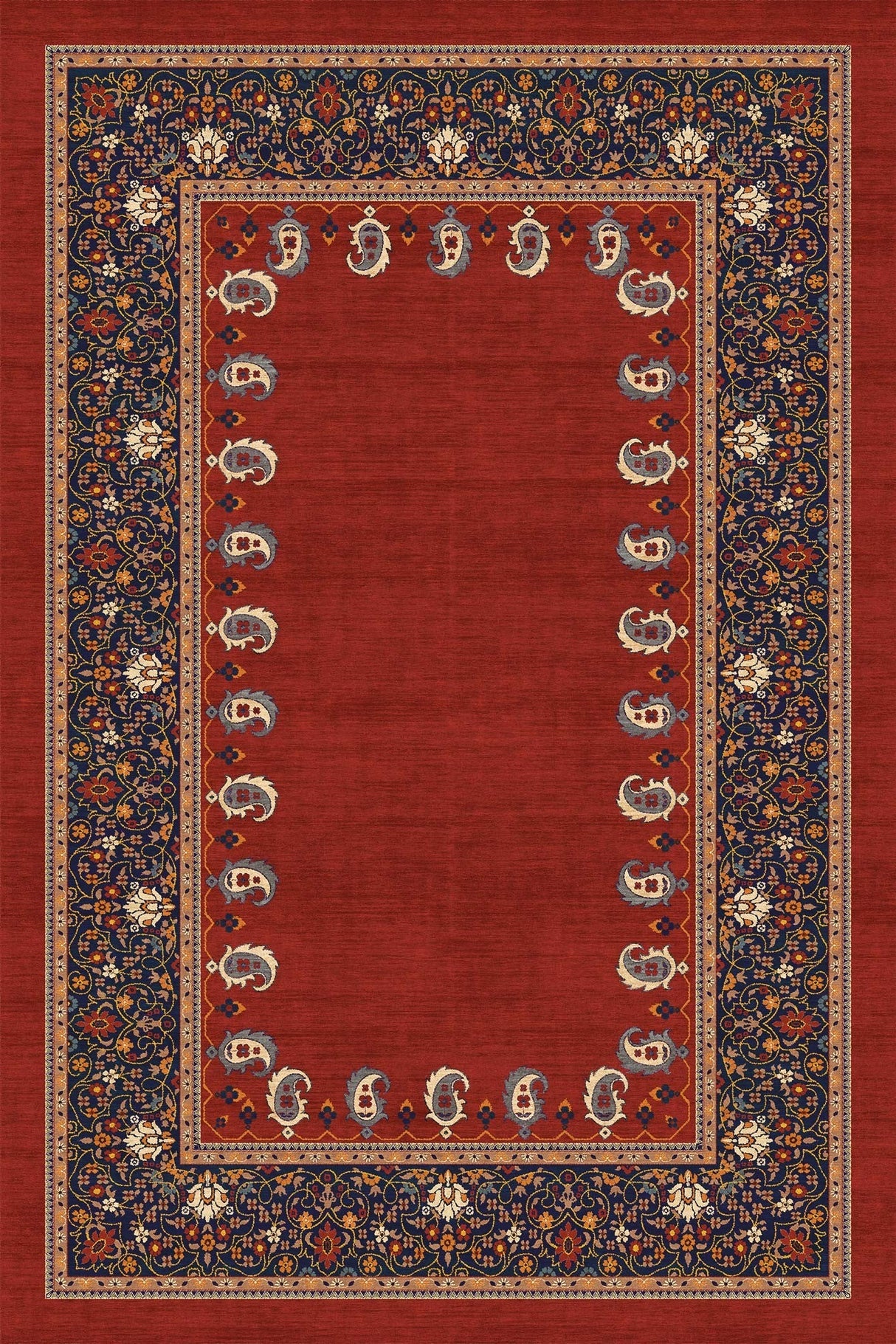 Alfombra persa 'Cachemir' sobre un fondo blanco, mostrando su vibrante tono rojo con detalles en azul marino, crema y naranja. El diseño intrincado y los motivos florales reflejan elegancia y lujo, ideal para añadir sofisticación a cualquier espacio. Lavable en lavadora, base antideslizante, sin pelusas e hipoalergénica.
