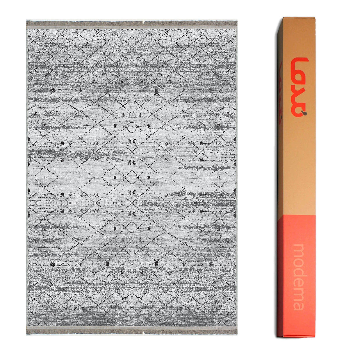 Alfombra 'Grace' junto a su embalaje sobre fondo blanco, destacando su elegancia y diseño práctico. El embalaje subraya la calidad y cuidado del producto, mientras que la alfombra despliega su diseño sofisticado, perfecto para cualquier decoración moderna. Lavable en lavadora, base antideslizante, sin pelusas e hipoalergénica.