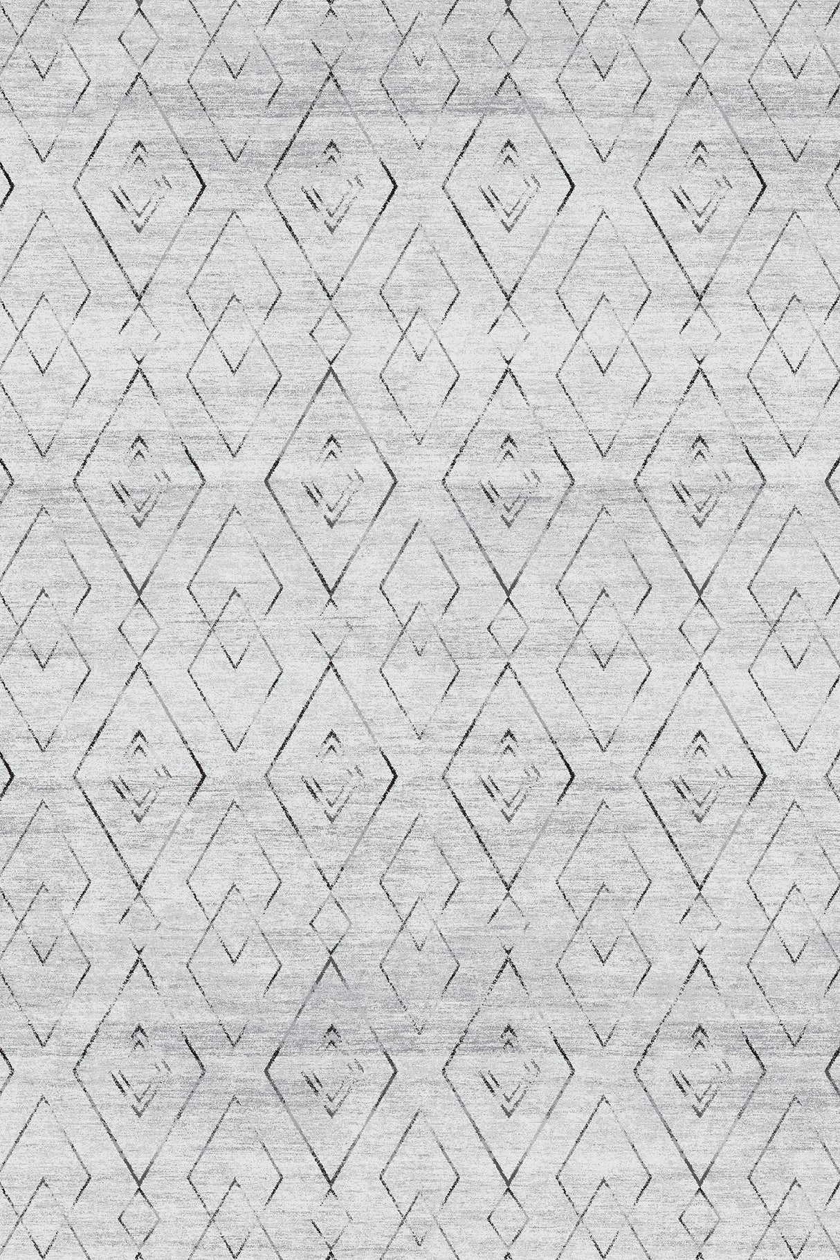 Alfombra 'Rhythm' sobre un fondo blanco, destacando su diseño geométrico con diamantes entrelazados. Los colores neutros la hacen versátil para cualquier decoración, y es lavable en lavadora para un mantenimiento práctico.