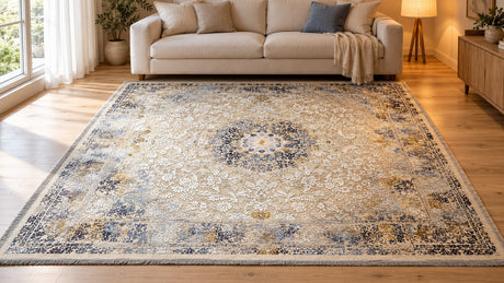 Beige and blue patterned Modema rug in a living room with daylight and warm lamplight